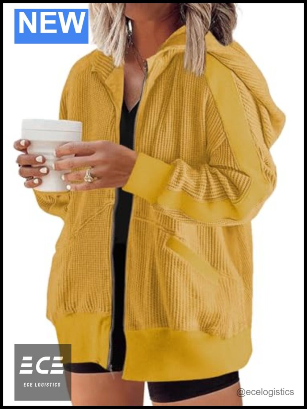 Plus Size Zip Up Hoodie Waffle Knit Oversized Sweatshirt Women